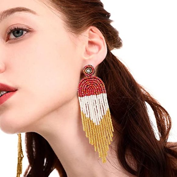 4.5" Modern Art Deco Oversized Post Earrings Red White Gold New Beaded - Picture 9 of 9